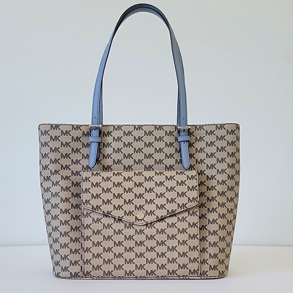 NWT Michael Kors MK Signature Logo Jet Set Shoulder Tote Bag Natural Beige